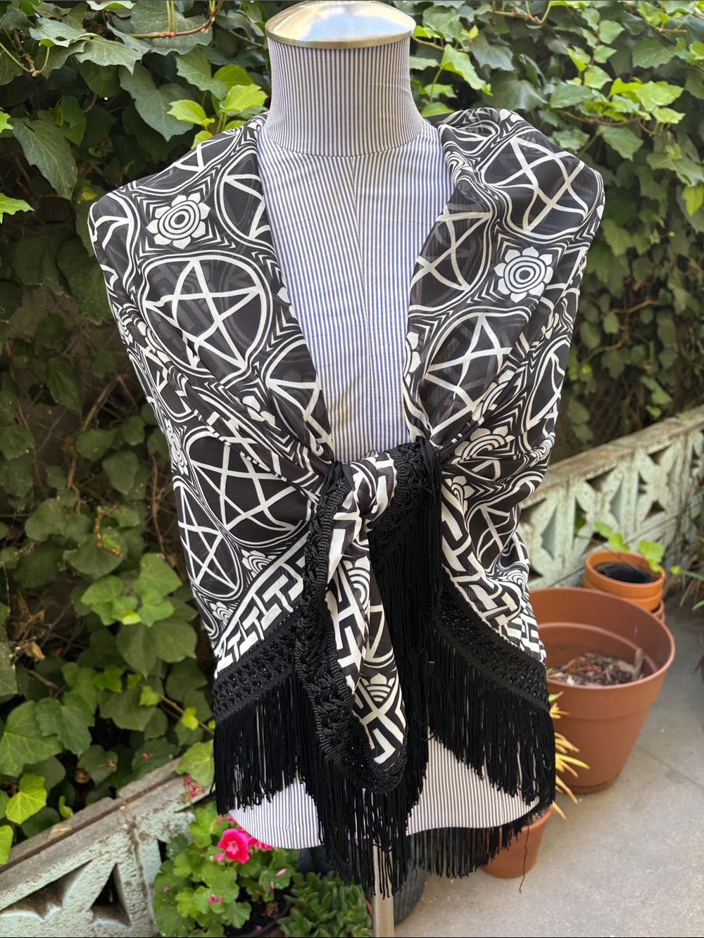 Killstar Black and White Pentacle Pattern Swimsuit Wrap Coverup with Fringe